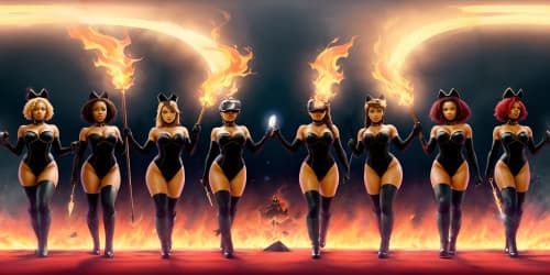 five evil female angels wearing black leotards with red trim_they have golden wings_the women have gold halos over their heads_one woman has dreadlocks_two of the women are  african american_they are flying_one woman is carrying a flaming green hammer.