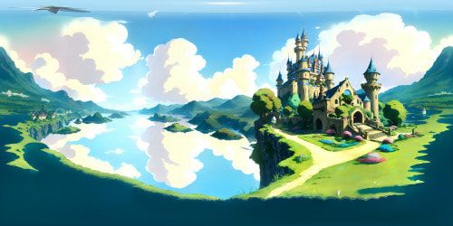 VR360 view, fairytale realm, towering castle against stellar backdrop, sparkling moat, luminescent forests. Ultra-high resolution, storybook setting, enchanted flora, ornate architecture. Best quality, vivid colors, seamless immersion. Masterpiece fantasy art style in VR360.