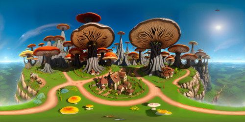 VR360 mushroom village panorama, ultra-high resolution. Clustered, whimsical mushroom homes, dainty, luminescent fairies fluttering. Fantasy art style, glimmering fairy dust trails, magical, enchanted aura. Sparkling night sky, VR360 view. Pixie charm meets digital masterpiece.