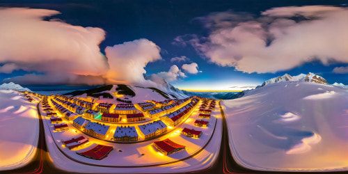 surrounded far in the distance by several bustling Christmas villages at the North Pole, with enchanting snow-capped rooftops adorned lights of which each strand is colorful red, blue, green, and yellow alternating festive lights, snowflakes swirling in the air