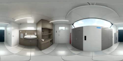 Ultra HD VR360 view, British male toilet block. Masterpiece-level detail, pristine ceramics. Nostalgic '90s vibe, minimalist shapes, utilitarian materials, muted hues. Reflective tile walls, ceiling-high partitions. Wide, grand VR360 perspective.