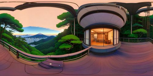 view from the balcony of an ultra futuristic Edo-modern inspired home on a densely forested hill of Japan, at dusk. Tranquil, uplifting atmostphere.