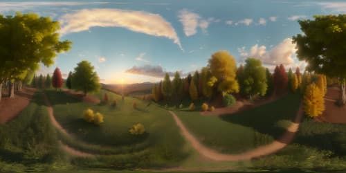 endless grass field autumn trees sunset on the horizon skyview