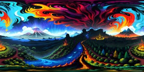 Ultra high-resolution VR360 view, volcano Island, grandeur, fiery eruptions painted with finesse, omnipresent molten lava, smoky ash clouds. VR360 panorama, digitally painted masterpiece, vivid colors, striking contrasts.