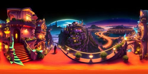 VR360 masterpiece, ultra-high-resolution night city, neon lights shimmering in chromatic array. Balcony view perspective, VR360 urban vista, endless skyscrapers bathed in neon glow. Style: hyper-realistic digital painting.