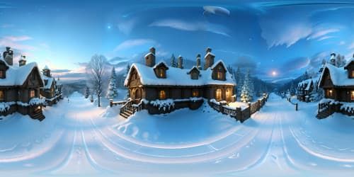 Ultra-high-res VR360, snow-capped 19th century hamlet, hiperrealista masterpiece. Cobblestone paths, snowflakes nestled on peaked roofs, frost-kissed windows. Lantern-lit, chimneys' wispy smoke, ice crystal-laden trees. Pastel-hued sky, starlit horizon. VR360, fantastical hues, enriched 19th-century architectural detail.
