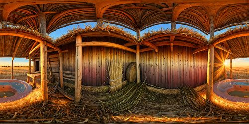 A meticulously detailed, ultra-high-resolution digital artwork showcases a rustic pigsty bathed in the warm glow of a setting sun, emphasizing the intricate textures of weathered wood and straw under a pastel sky.