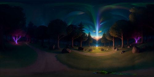 VR360 scene: Majestic stag silhouette, crown of antlers against twilight sky. Pixellated detailing, ultra-high-res textures. Enchanted forest backdrop, softly glowing flora. Pixar-style realism, serene elegance. VR360 view: Vast landscape, twinkling constellations, ethereal beauty.