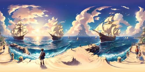 Awe-inspiring VR360 scene, One Piece-inspired fantasy, pristine quality. Grand pirate ship, lustrous golden sunrise backdrop, deep-blue sea. Ultra high-resolution, meticulous detailing, vividly colored, dynamic VR360 panorama, anime masterpiece-style.