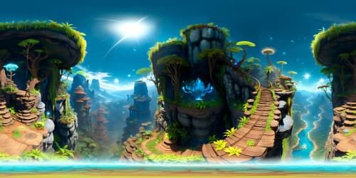 Pandora jungle from Avatar, bioluminescent flora, majestic creatures, scale-like plants. Ultra-high resolution, masterpiece quality VR360. Uncharted alien terrain, surreal VR360 perspective.