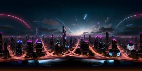 Masterpiece quality, ultra-high resolution VR360. Soaring, architectural marvels pierce night sky. Pink and blue nocturnal hues. Glowing cityscape, twinkling stars, VR360 urban skyline.