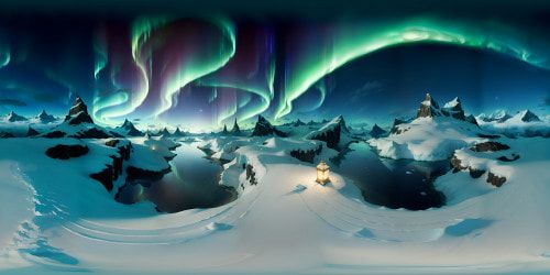 VR360: Greenland, ultra high-res, Ice-capped mountains, verdant valleys, Floating icebergs, tranquil fjords. VR360: Northern Lights, vibrant, masterpiece quality. Style: Hyperrealism, meticulous detail, sharp contrasts, bright color palette.
