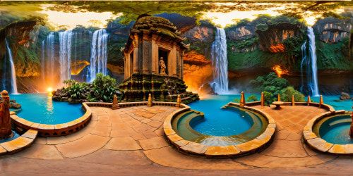 A majestic ancient temple crafted from towering cliffs, embraced by a resplendent golden hour glow, encircled by cascading waterfalls, lustrous azure pools, ornate stone carvings, and verdant jungle canopies; an impeccable, high-resolution artwork capturing every intricate detail flawlessly.