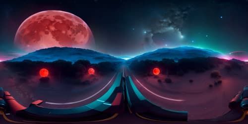 a red moon with a lot of blue an green stars above it