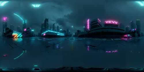 Nighttime cyberpunk cityscape, ultra-high resolution, VR360 masterpiece, best quality, proportional realistic cars, motorcycles, tinted windows, empty parked vehicles, minimal foreground, dominant expansive city view. Hard edge painting aesthetics, neon accents, high contrast, expressive color gradient sky in VR360 splendor. Pluie avec reflets, neon building reflections, perspective from sidewalk.
