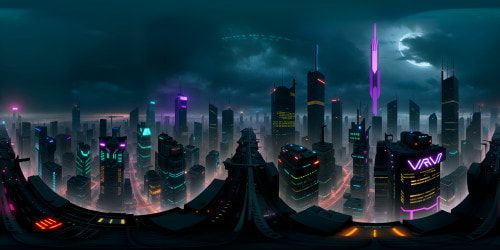 Cyberpunk city skyline, VR360 neon hues, high-tech skyscrapers, ultra high-res masterpiece. Futuristic billboards, towering spires, refracted lights, steely bridges. VR360 viewpoint, hovering drones, noir atmosphere. Anime-style, detailed textures, striking contrasts.