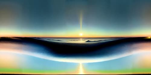 Masterpiece VR360, ultra-high-res, lost at sea perspective. Raft, expansive blue ocean, VR360 clear sky. Fluffy white clouds, sinking sun at horizon line.