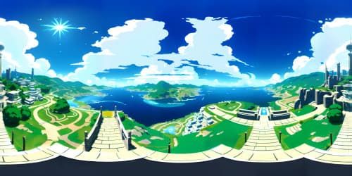 VR360, Sword Art Online-inspired, ultra high-res. Eminent tall towers, virtual floating islands. Crystalline waterfalls cascading, pixelated magic particles. Skybox, castle in the clouds, digital painting style.