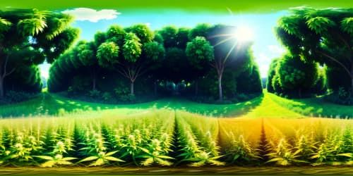 Ultra-high-resolution VR360, artistic masterpiece. Weed farm, luscious green, textured leaves. Vibrant hues of cannabis plants, sprawling fields. In the style of photorealism, precision detailing.
