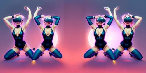 five female teachers_wearing pink leotards_one woman has blue eyes_two of the women are blonde_they are squatting_spread_arms above their heads_close up of armpit_dolled up
