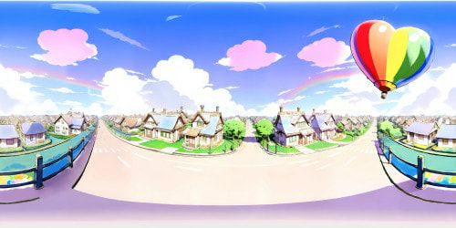 Masterwork pixel precision, VR360 quaint space, pastel palette heartening. Teacup houses on fluffy clouds, floating balloons, rainbow bridges arching across cotton candy sky. VR360 perspective, adorable room, ultra high-resolution impressionistic style, Pixar charm.