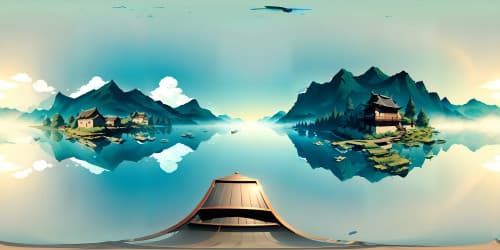 Ultra high-res VR360, Chinese ink-style landscape, solitary boat adrift on a placid river, swirling misty clouds above. Masterpiece quality, traditional motif, VR360 classical rendition.
