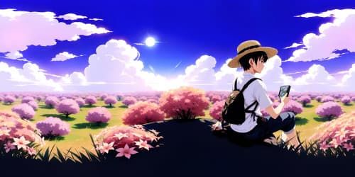 Ultra high res, violet clouded sky, Luffy-inspired silhouette. Scattered strands of straw hat, VR360 fantasy anime style. Hues of one piece sky, artistic quality of a masterpiece, VR360
