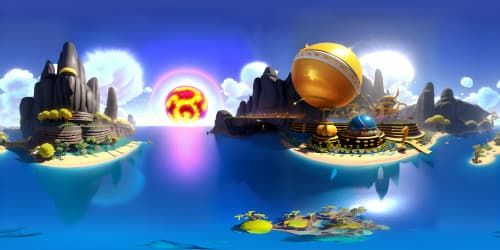 Pixel-art aesthetic, iconic Yellow Devil 3D model, detailed textures, vivid yellow color, blue gem eye. VR360 view: Megaman game environment, neon-lit grid platforms, futuristic digital sphere. VR360 depth: multi-layered pixels, high contrast, ultra HD resolution. Style: intense, surreal, vibrant.