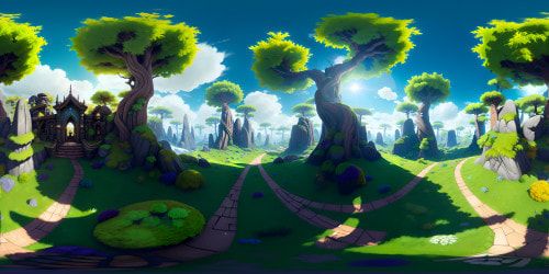 Ultra-high resolution, VR360 masterpiece, intricate rock formations, moss-laden boulders, sprawling forest floor, towering ancient trees. Fantasy art style, exaggerated scale, vibrant color palette, painterly textures, subtle hues in VR360 vision. Lots of detail, luminous quality.