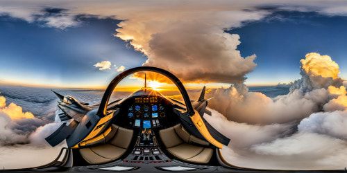 Flying aboard a sleek fighter jet at supersonic speeds, vast up close aerial views, flawlessly detailed cockpit instruments, pristine technologically advanced design, expansive sky and breathtaking cloudscape in ultra high resolution, a masterful depiction of high-octane intensity and precision.