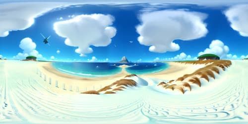 Masterpiece seaside, ultra-high res VR360. Snow-flake flurry over azure waves, sugar dusted dunes. Pixar-style color palette: cool blues, crisp whites, warm sand tones. VR360 panoramic view: endless crystal ocean stretching under an overcast sky.