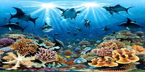 five seahorses with one manta ray in great coral reef with one scuba diver