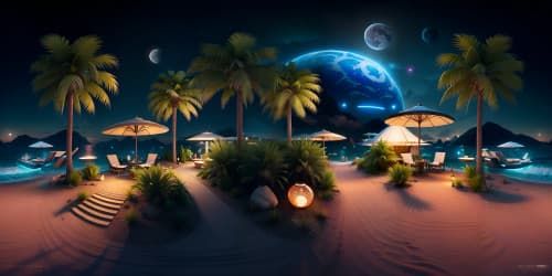 SUMMER NIGHT BEACH STARS MOON FIREWORKS WAVES PALM TREES