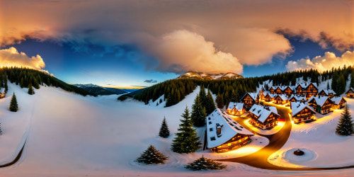 An immaculate, flawless Christmas wonderland portrayed in ultra-high resolution, showcasing intricate snow-covered cottages, twinkling colorful lights, towering evergreen trees adorned with shimmering ornaments, a velvety sky teeming with cascading snowflakes, and a sense of enchanting holiday magic radiating throughout.