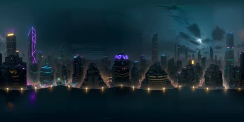 VR360 night cityscape masterpiece, high-res neon matrix, star-framed skyscrapers. Water reflections in VR360, pixar-style skyline, film noir chiaroscuro. Ambient luminescence, skyscraper giants, night's reign, intricate light-shadow dance, city labyrinth aesthetics.