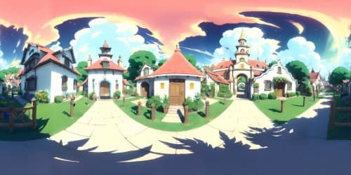 Ultra high resolution VR360, village square, dia de los muertos, vibrant marigolds, ornate sugar skulls, flickering candles, cobblestone paths. Masterpiece rendering, Pixar-style aesthetic.