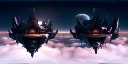 ultra-high-resolution, VR360 masterpiece, elegance, delicacy, fantasy style, canine-inspired elements, enchanting clouds, dreamy skyline, vast horizons, lavish hues, subtle canine silhouettes, no animals, ethereal tints of sunset, sparkling celestial bodies