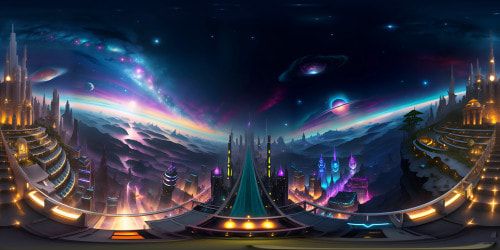VR360 ultra high-resolution cityscape, architectural brilliance, gleaming glass skyscrapers, neon accents. Plush, star-studded night sky, galaxies suspended overhead. Hyper-realistic style, extreme detail, sleek urbanity, glittering panorama in VR360 perspective.
