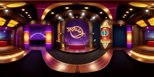 VR360, impeccable woodwork stage, ornate arches, dazzling spotlights. Reimagined Grand Ole Opry, Pixar-style. VR360, cotton candy clouds spotlight, steel-stringed guitar on center stage, spotlight halo. Stellar vibe, comic earth tones.