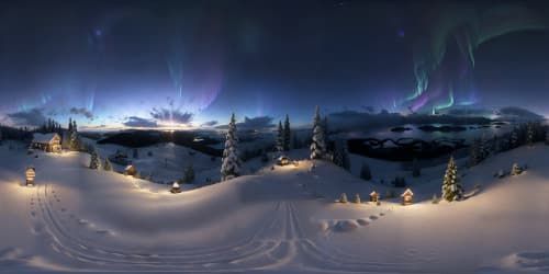 VR360 ultra-high res, snow-covered valley from hillside vantage, evergreens cloaked with snow, twinkling Christmas lights, night-time horizon ignited by northern lights, combined with a touch of digital painting.