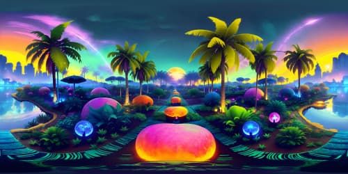 Masterpiece quality, VR360 skyline, Miami at twilight, ultra high-resolution digital painting. Silhouetted palm trees, vivid neon lights, photorealistic texture. VR360 panorama, unique vibrant colors, soft glow, distinct impact. Superior contrast, ultra-detailed rendering, artistic brilliance.
