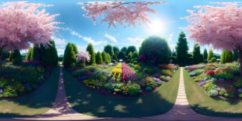 Ultra-HD, floral masterpiece, elevated view, skyview of a VR360 botanical garden, vibrant, rainbow-hued array of blossoms. Minimalist foreground, emphasis on grand, sprawling flora vista. Style: Realism with a whimsical touch, color intensity heightened for VR360 allure.