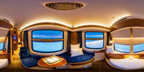 Inside a flawlessly crafted sleeper cabin on a luxury train, dim golden lighting softly illuminates the plush furnishings, providing a cozy ambiance as snow falls gracefully outside the oversized window, giving a serene and picturesque view in ultra high resolution.