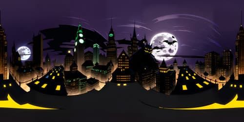 VR360 Gotham city skyline, towering gothic architecture, Batman silhouette against full moon, ultra-high resolution, quality detailing, VR360 perspective Batman masterpiece.