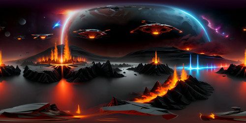 VR360: Mustafar landscape, volcanic rivers, obsidian structures, floating lava bubbles. Star Wars inspired, ultra high-res masterpiece, enhanced realism. VR360: Stark contrast, fiery red and pitch black, ethereal glow amidst darkness, digital art finesse.