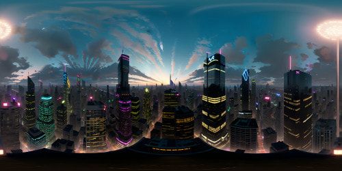 VR360 urban cityscape mastery, high-res nightfall, city lights twinkling. Neon billboards, skyscrapers piercing the sky. Anime-style, soft lines, vibrant colors. VR360, graffiti artwork on buildings, chrome reflections. Pixel-art detailing, chiaroscuro contrasts.