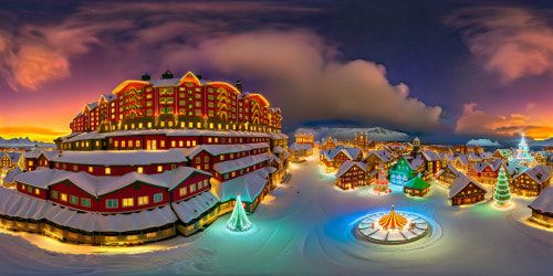 A flawless, ultra high-res portrayal of a bustling Christmas village at the North Pole, with enchanting snow-capped rooftops adorned with colorful red, blue, green, and yellow festive lights, snowflakes swirling in the air, and a radiant depiction of Santa's workshop in stunning detail.
