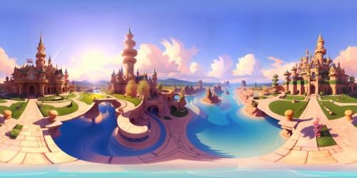 VR360 royalty, princess peach castle, VR360 grandeur. Baroque architecture, embellished spires, golden trimming. Pastel-hued stone walls, glossy marble flooring. Fantasy art style, ultra high resolution. Vast gardens, ornate fountains, top-quality rendering.