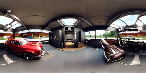 Masterpiece 4KVR360, old Japanese car collection, expansive automobile garage, industrial style. Intricate detailing, sleek lines, shining chrome, mirrors. Brilliant, anime-style color palette, subtle illumination.