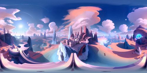 Masterpiece workspace, VR360 ultra-high res view, sleek desktop spanning horizon. Gleaming office utensils, minimalist style. Artistic chaos, color palette explosion VR360 scene above. Picasso-style clouds, Dali-esque surreal skies.